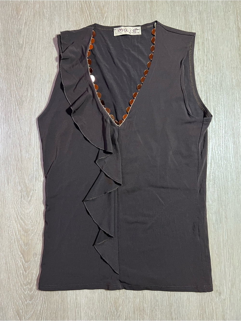 Maje Paris Vintage Y2K Brown Ruffle V-Neck Women’s Sleeveless Top